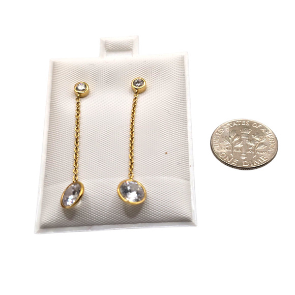 Pierced Earrings Gold Tone Chain Drop Bezel Set Clear Round Crystal SKU2401 - Picture 6 of 6